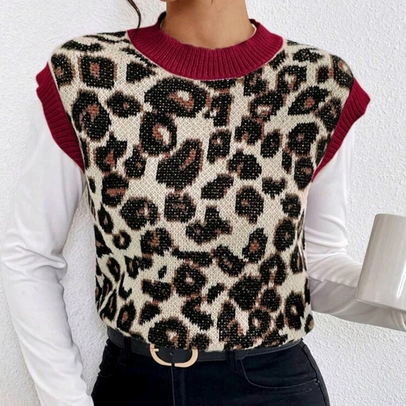 Women Casual Leopard Pattern Contrast Trim Loose Knit Sweater Vest - Picture 4 of 5